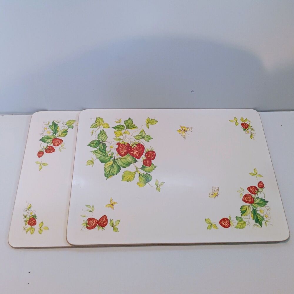 Vtg Clover Leaf Cork Backed Table Placemats-Virginia Strawberry-Set Of 2-1980s